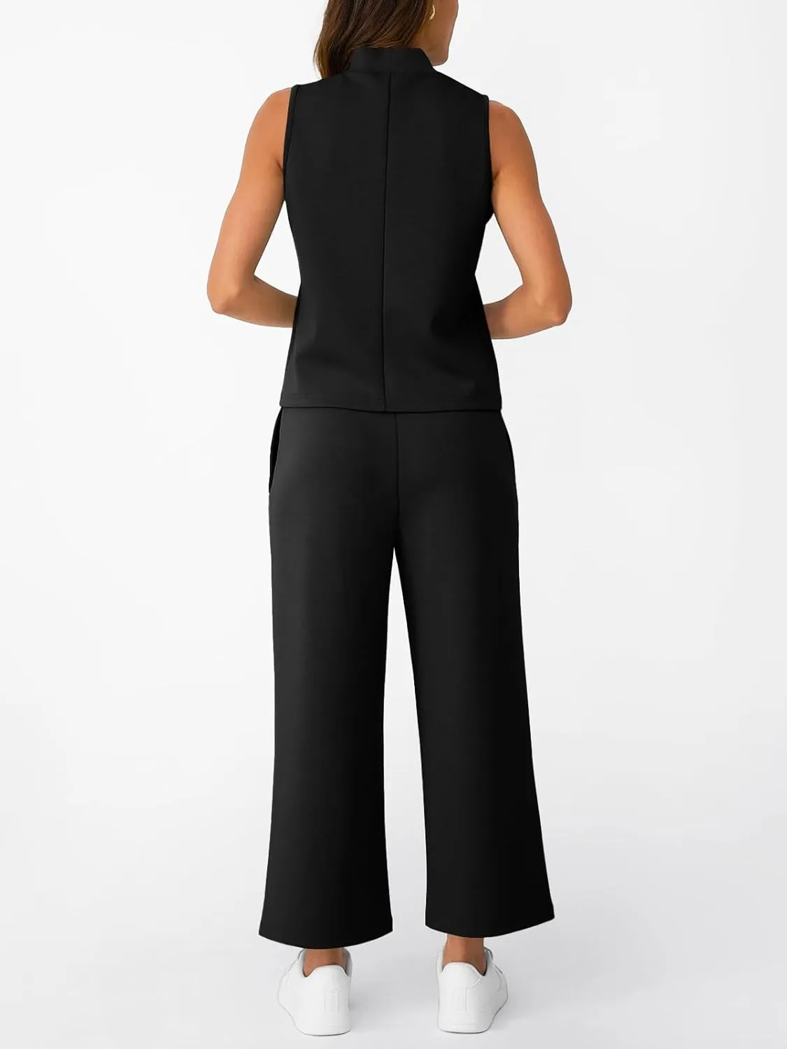 AUTOMET Womens 2 Piece Mock Neck Matching Summer Tracksuit Set Sleeveless Tank Top Wide Leg Crop Pant Sets