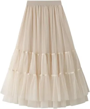 Autumn Winter Fashion Casual Tulle Skirt Women A-Line Mesh Skirts Female Midi Long Pleated Skirt