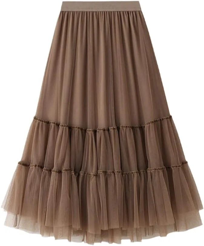 Autumn Winter Fashion Casual Tulle Skirt Women A-Line Mesh Skirts Female Midi Long Pleated Skirt