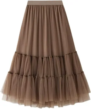 Autumn Winter Fashion Casual Tulle Skirt Women A-Line Mesh Skirts Female Midi Long Pleated Skirt