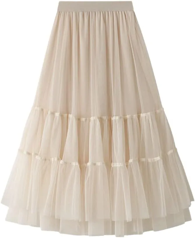 Autumn Winter Fashion Casual Tulle Skirt Women A-Line Mesh Skirts Female Midi Long Pleated Skirt