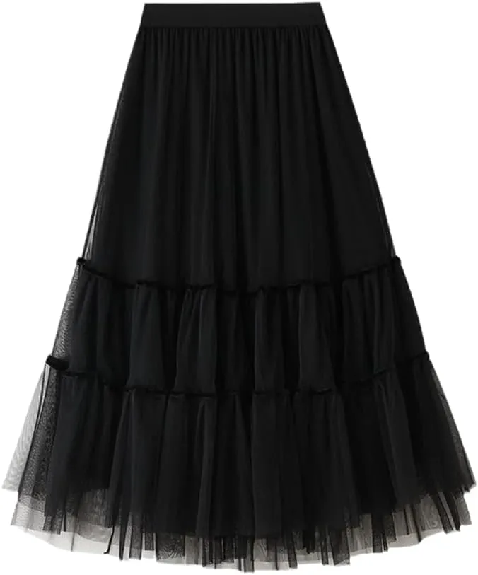 Autumn Winter Fashion Casual Tulle Skirt Women A-Line Mesh Skirts Female Midi Long Pleated Skirt