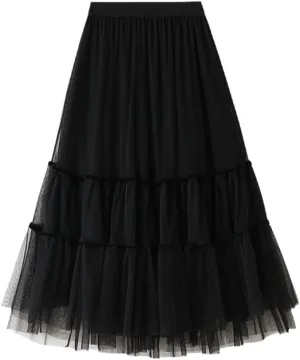 Autumn Winter Fashion Casual Tulle Skirt Women A-Line Mesh Skirts Female Midi Long Pleated Skirt