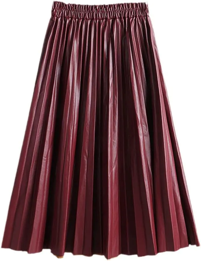 Autumn Winter Women Midi-Calf PU Leather Elastic Waist Pleated Skirts Office Ladies High Waist A-Line Harajuku Skirt