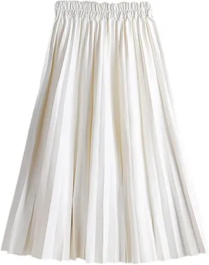 Autumn Winter Women Midi-Calf PU Leather Elastic Waist Pleated Skirts Office Ladies High Waist A-Line Harajuku Skirt