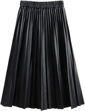 Autumn Winter Women Midi-Calf PU Leather Elastic Waist Pleated Skirts Office Ladies High Waist A-Line Harajuku Skirt