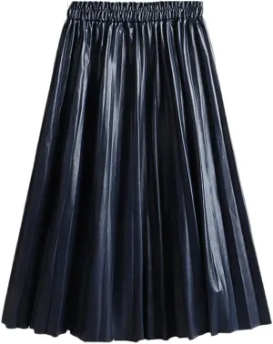 Autumn Winter Women Midi-Calf PU Leather Elastic Waist Pleated Skirts Office Ladies High Waist A-Line Harajuku Skirt