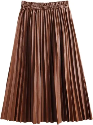 Autumn Winter Women Midi-Calf PU Leather Elastic Waist Pleated Skirts Office Ladies High Waist A-Line Harajuku Skirt