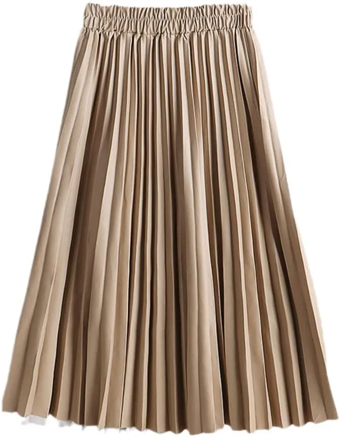 Autumn Winter Women Midi-Calf PU Leather Elastic Waist Pleated Skirts Office Ladies High Waist A-Line Harajuku Skirt