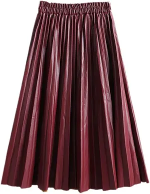 Autumn Winter Women Midi-Calf PU Leather Elastic Waist Pleated Skirts Office Ladies High Waist A-Line Harajuku Skirt