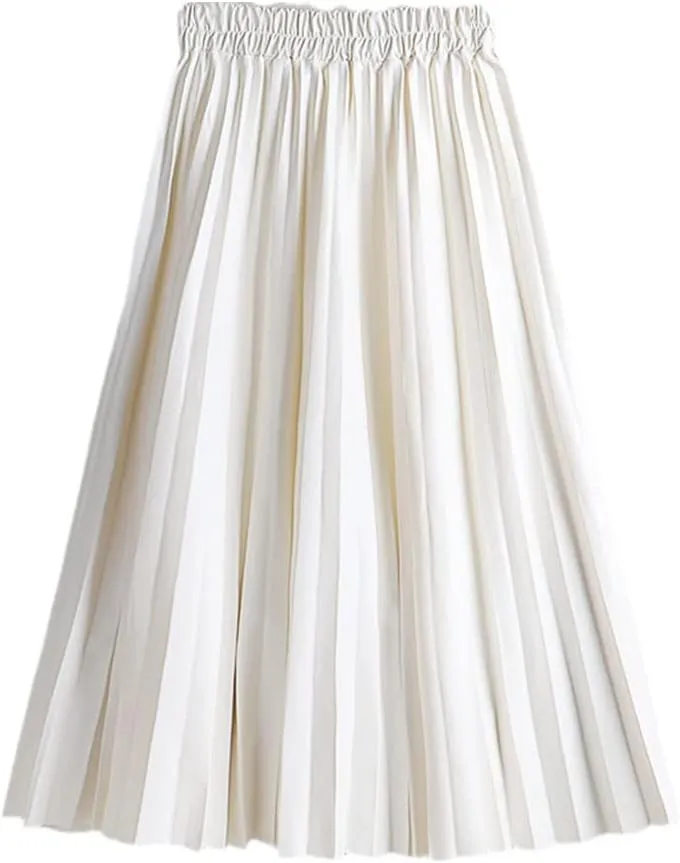 Autumn Winter Women Midi-Calf PU Leather Elastic Waist Pleated Skirts Office Ladies High Waist A-Line Harajuku Skirt