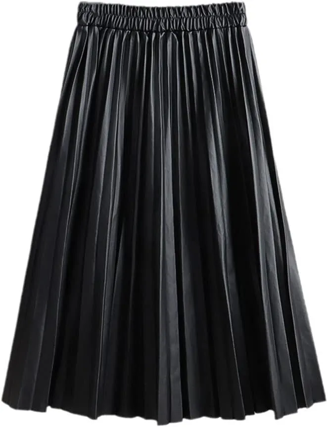 Autumn Winter Women Midi-Calf PU Leather Elastic Waist Pleated Skirts Office Ladies High Waist A-Line Harajuku Skirt
