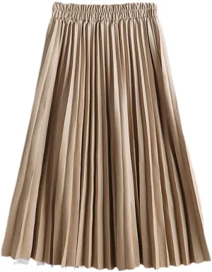 Autumn Winter Women Midi-Calf PU Leather Elastic Waist Pleated Skirts Office Ladies High Waist A-Line Harajuku Skirt