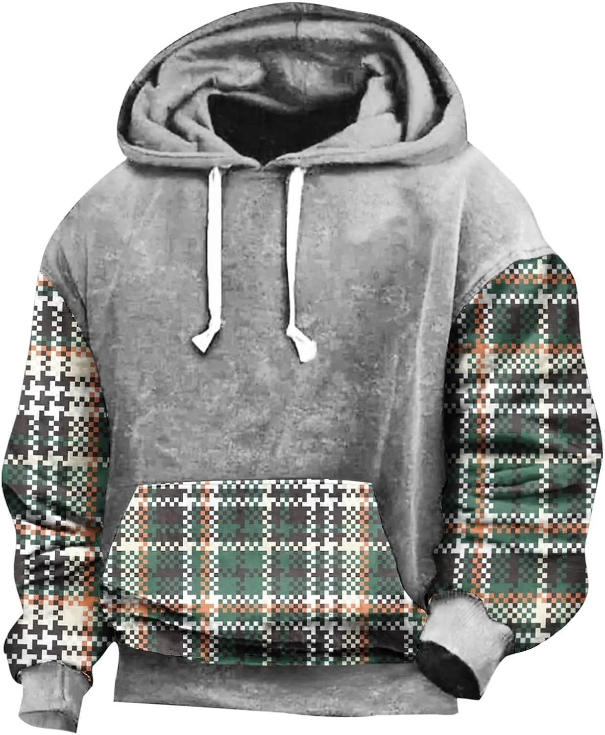 Aymnlox Mens Sweatshirts Heavyweight Long Sleeve Hoodies Casual Plaid Color Block Sweatshirt Drawstring Pullover With Pockets