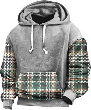 Aymnlox Mens Sweatshirts Heavyweight Long Sleeve Hoodies Casual Plaid Color Block Sweatshirt Drawstring Pullover With Pockets