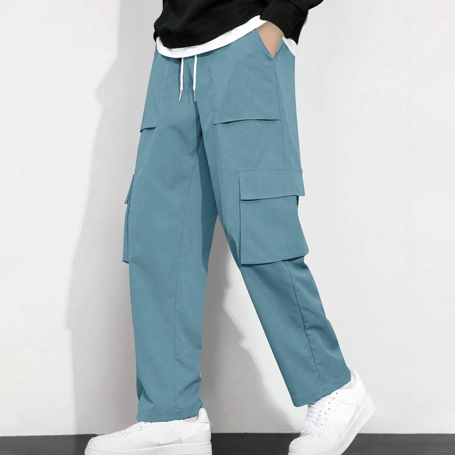 Baggy Straight Leg Cargo Pants for Men Drawstring Waist Work Pants with Pockets Spring Fashion Open Bottom Trousers
