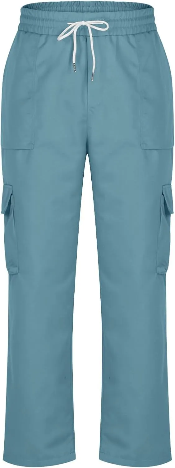 Baggy Straight Leg Cargo Pants for Men Drawstring Waist Work Pants with Pockets Spring Fashion Open Bottom Trousers
