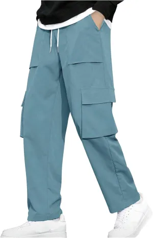 Baggy Straight Leg Cargo Pants for Men Drawstring Waist Work Pants with Pockets Spring Fashion Open Bottom Trousers