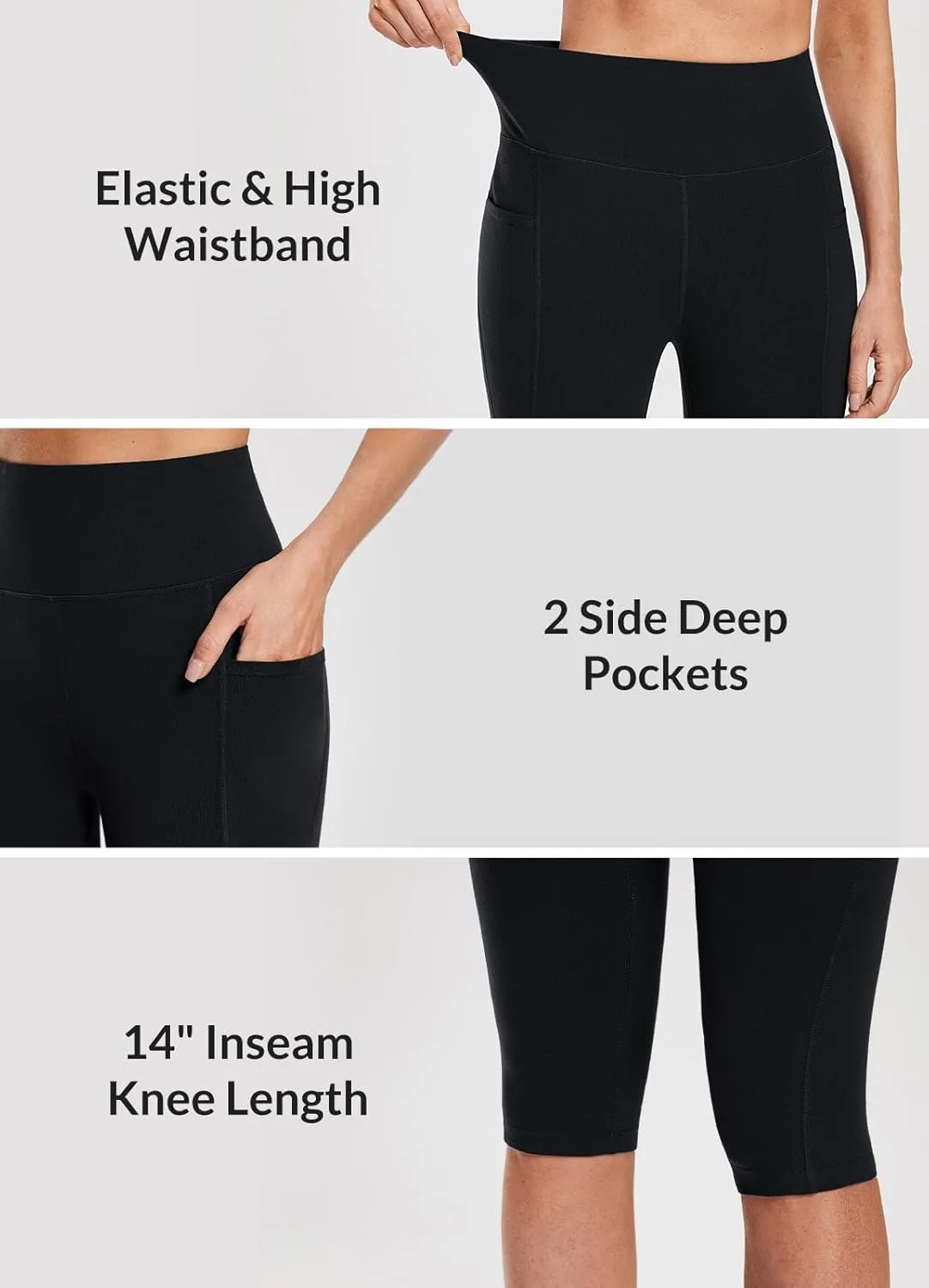 baleaf Women's Knee Length Cotton Capri Leggings with Pockets, High Waisted Casual Summer Yoga Workout Exercise Pants