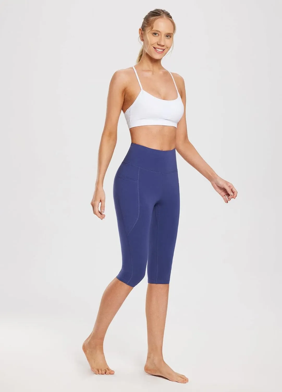baleaf Women's Knee Length Cotton Capri Leggings with Pockets, High Waisted Casual Summer Yoga Workout Exercise Pants