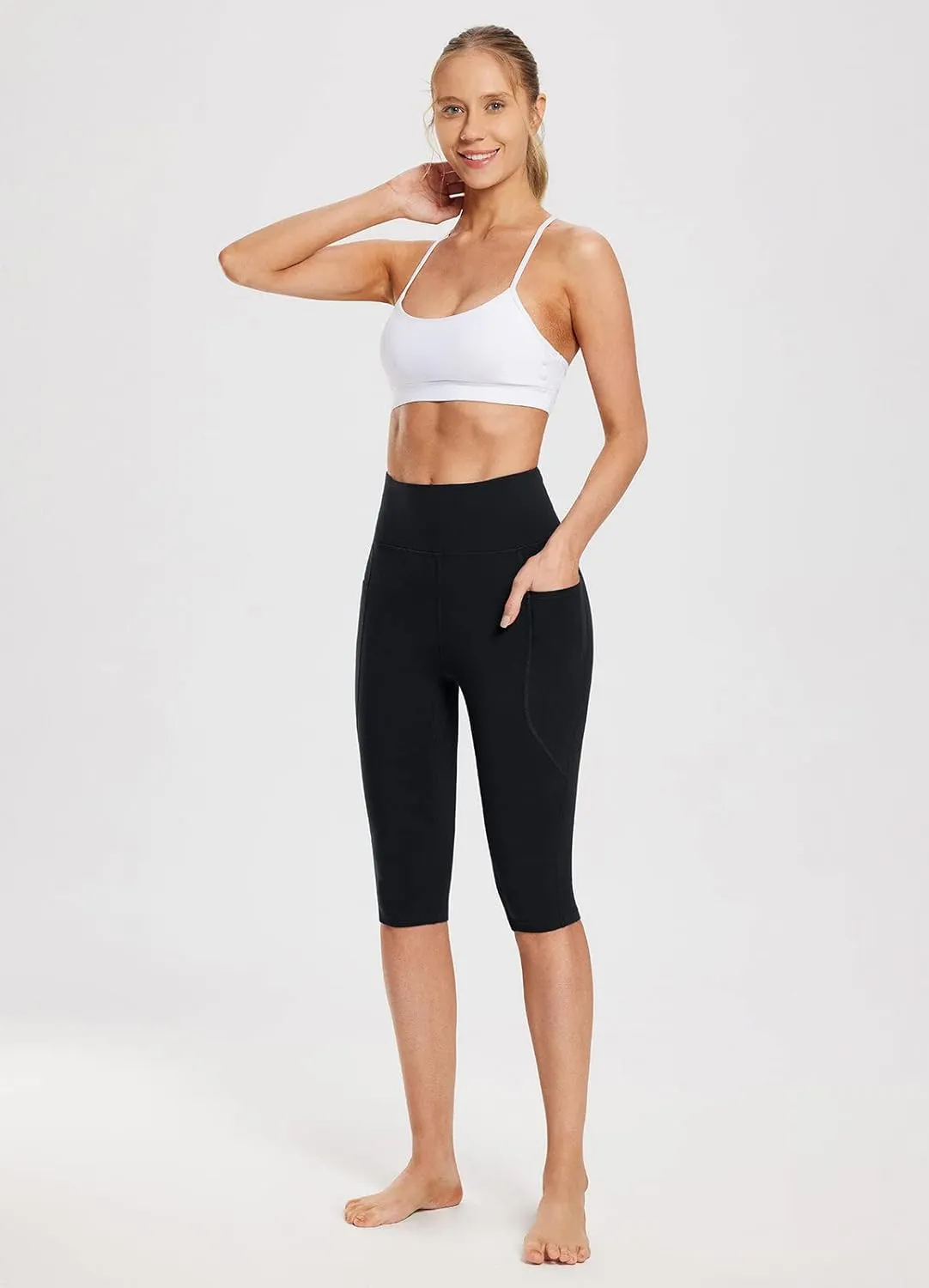 baleaf Women's Knee Length Cotton Capri Leggings with Pockets, High Waisted Casual Summer Yoga Workout Exercise Pants