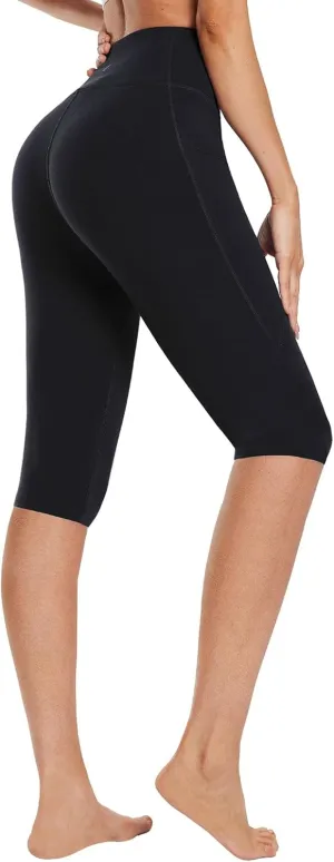 baleaf Women's Knee Length Cotton Capri Leggings with Pockets, High Waisted Casual Summer Yoga Workout Exercise Pants