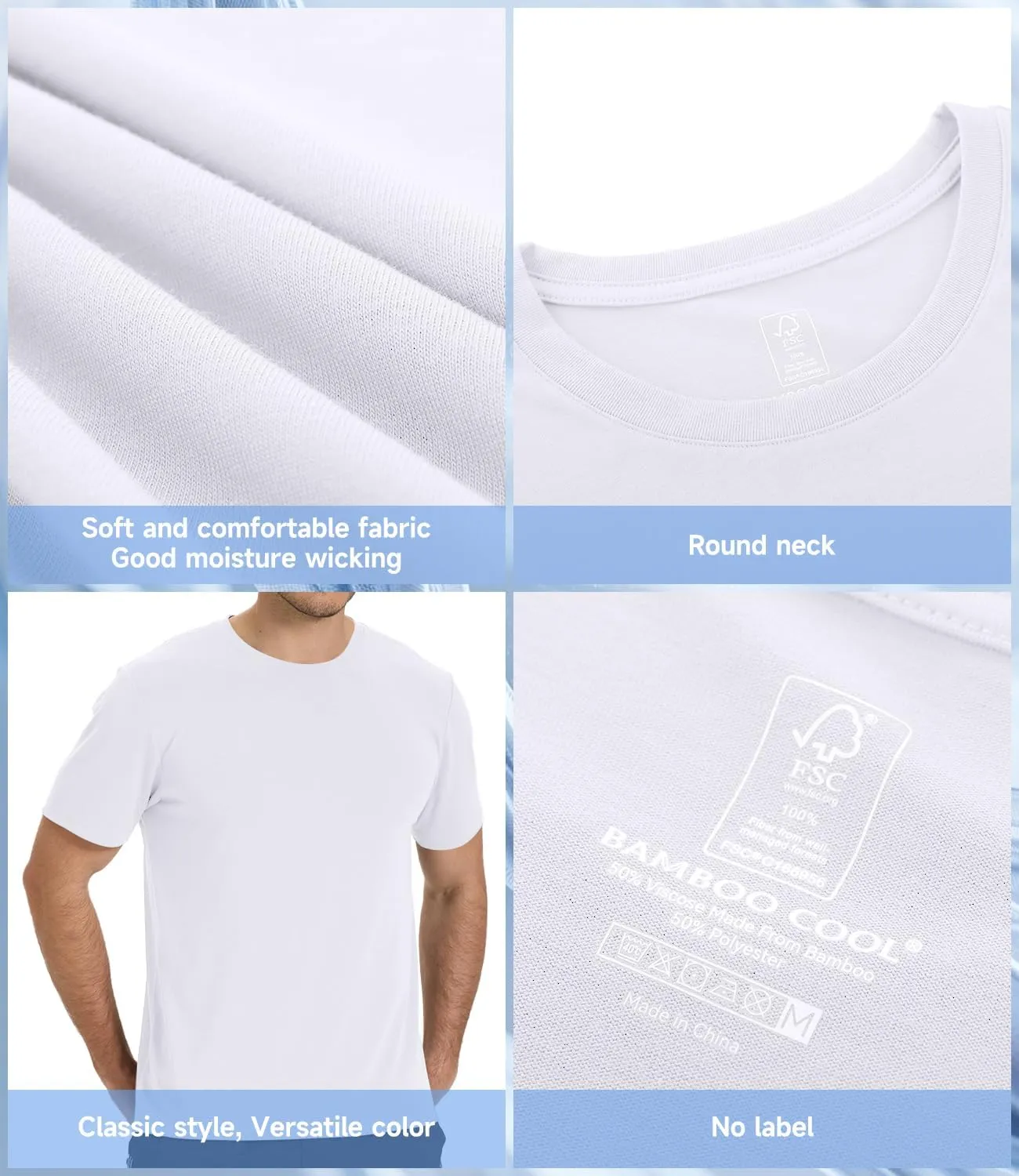 BAMBOO COOL Men's Crewneck T-Shirts Undershirts for Men Short Sleeve Shirts Heavy Weight Tees Classic Comfortable Tshirt
