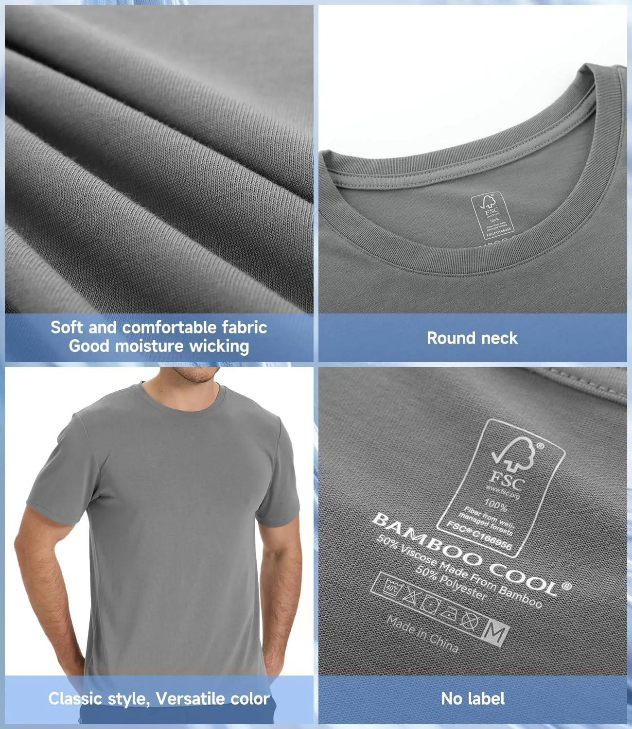 BAMBOO COOL Men's Crewneck T-Shirts Undershirts for Men Short Sleeve Shirts Heavy Weight Tees Classic Comfortable Tshirt