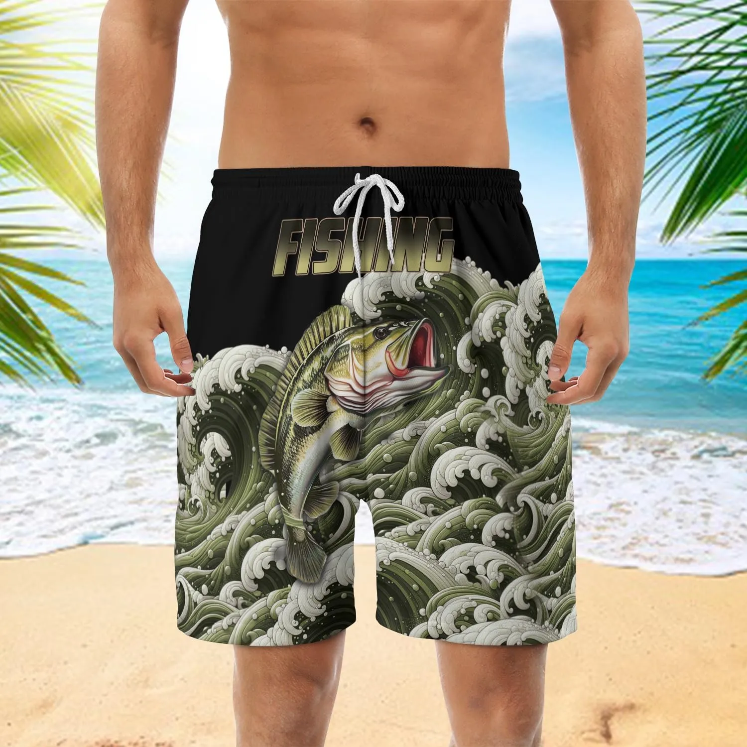 Bass Fish Mens Swim Trunks - Beach Hawaiian Mens Shorts Casual - Summer Drawstring Beachwear Shorts PA33