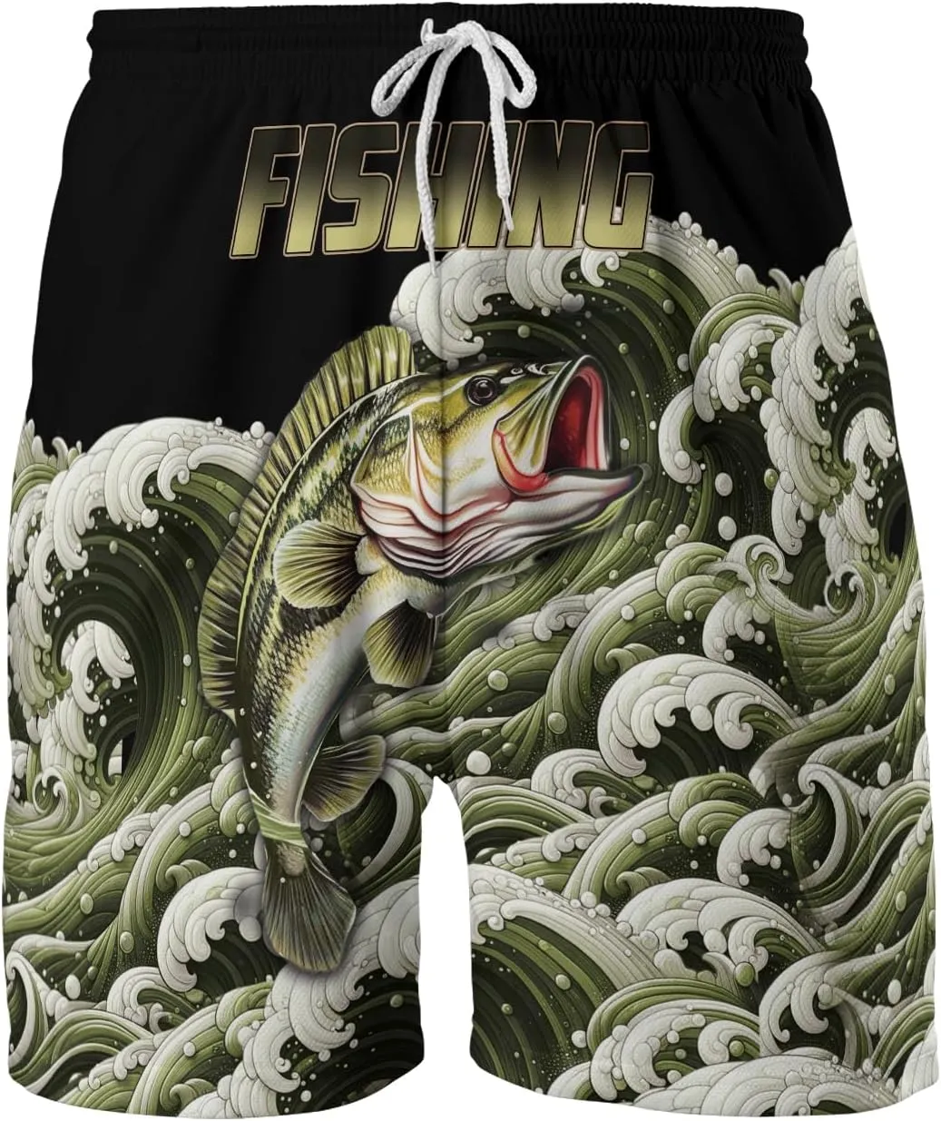 Bass Fish Mens Swim Trunks - Beach Hawaiian Mens Shorts Casual - Summer Drawstring Beachwear Shorts PA33