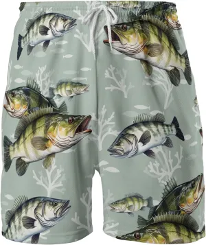 Bass Fish Mens Swim Trunks - Beach Hawaiian Mens Shorts Casual - Summer Drawstring Beachwear Shorts PA33