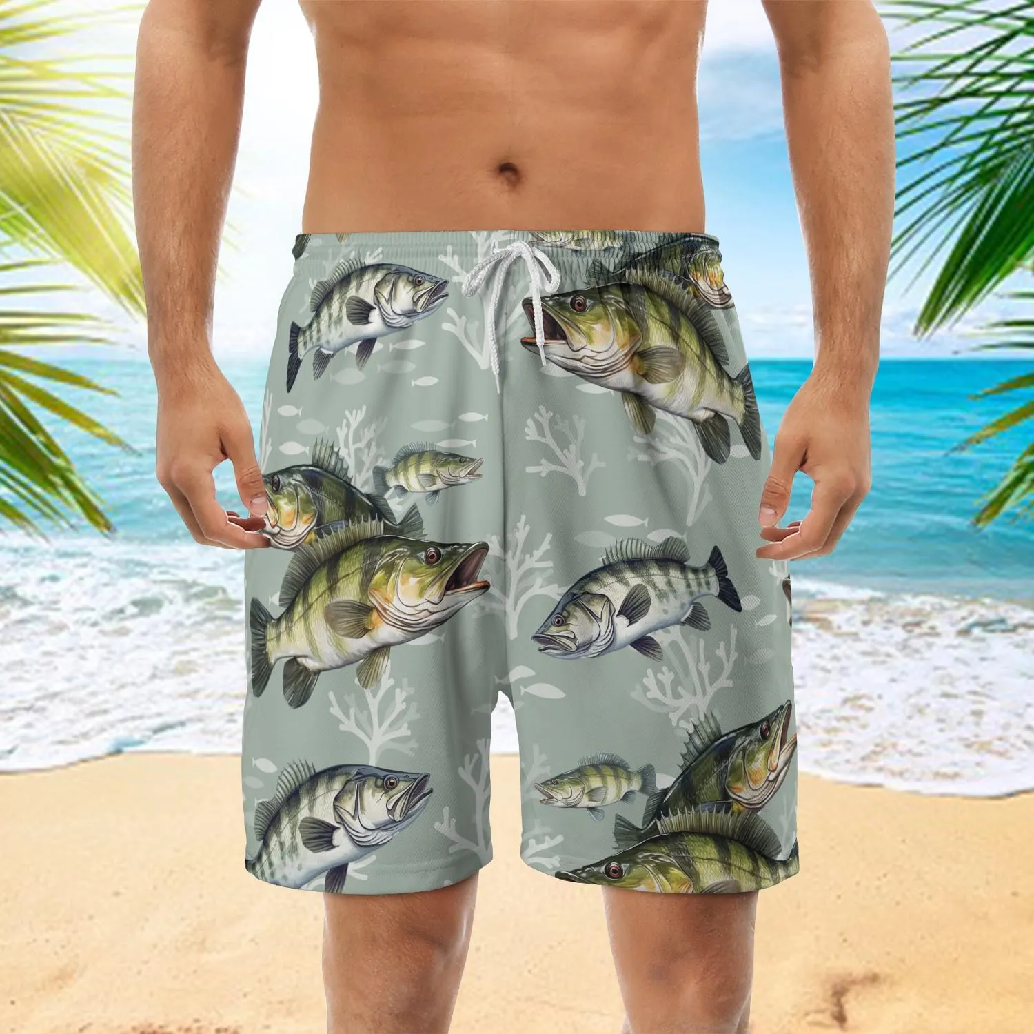Bass Fish Mens Swim Trunks - Beach Hawaiian Mens Shorts Casual - Summer Drawstring Beachwear Shorts PA33