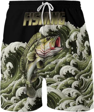 Bass Fish Mens Swim Trunks - Beach Hawaiian Mens Shorts Casual - Summer Drawstring Beachwear Shorts PA33
