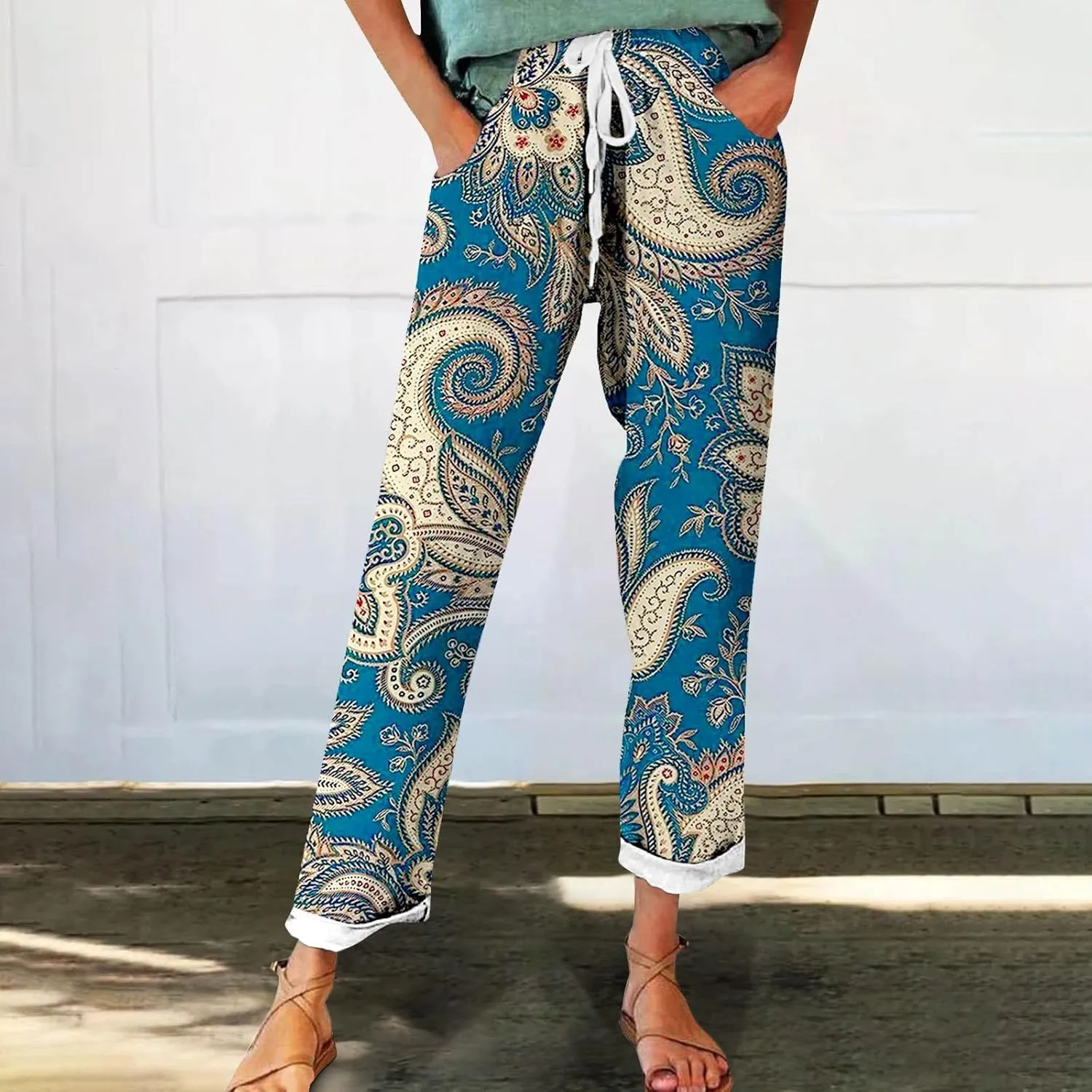 Belted Linen Pants Summer Womens Linen Capris with Pockets Womens Linen Loose Fit Pants Casual