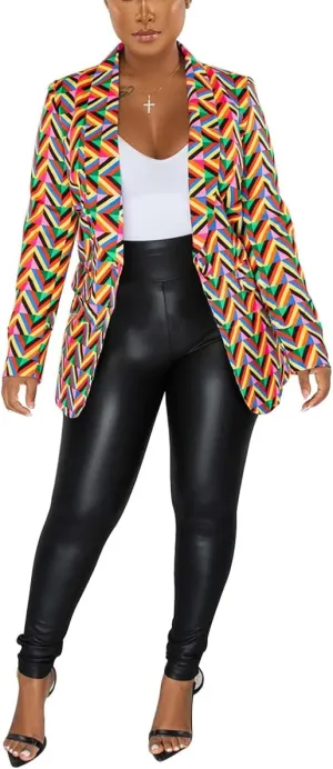 BFFBABY Women's Graphic Print Blazer Button Open Front Lapel Collar Long Sleeve Casual Jacket Multicolored