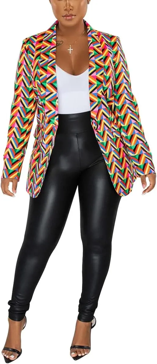 BFFBABY Women's Graphic Print Blazer Button Open Front Lapel Collar Long Sleeve Casual Jacket Multicolored