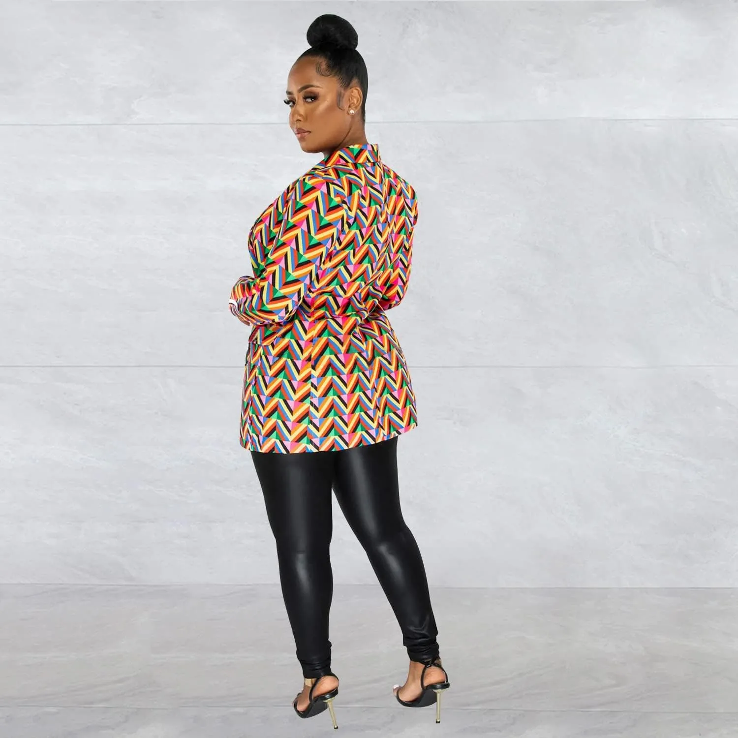 BFFBABY Women's Graphic Print Blazer Button Open Front Lapel Collar Long Sleeve Casual Jacket Multicolored
