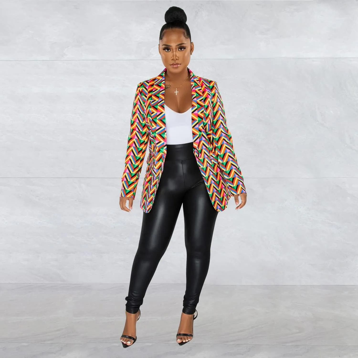 BFFBABY Women's Graphic Print Blazer Button Open Front Lapel Collar Long Sleeve Casual Jacket Multicolored