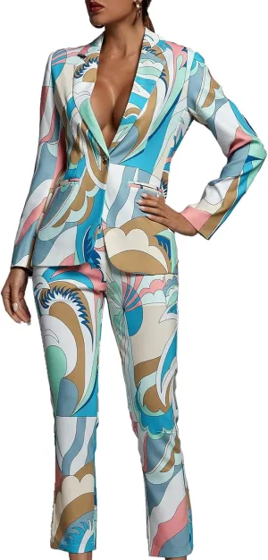 Blazer for Women Trendy Women Printed Blazer Pants Suit 2 Piece Blazer Set Blazers for Women Business Casual Set