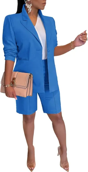 Blazer Shorts Set for Women Two Piece Outfits One Button Up Jacket and Bermuda Short Suits