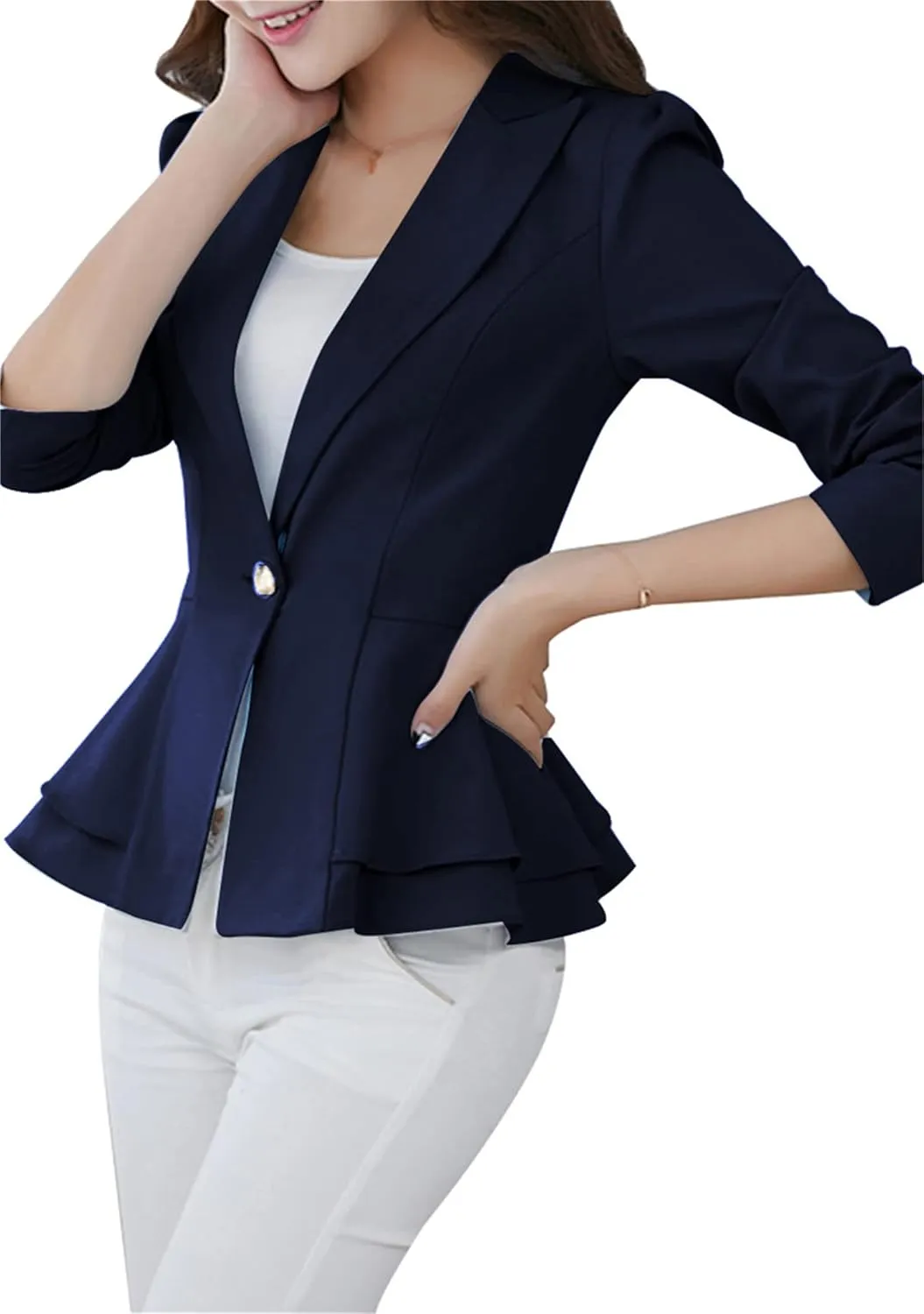 BOFETA Women's Long Sleeve Blazer One Button Solid Color Business Jacket Blazer Notched Collar Slim Oversized Office Coat