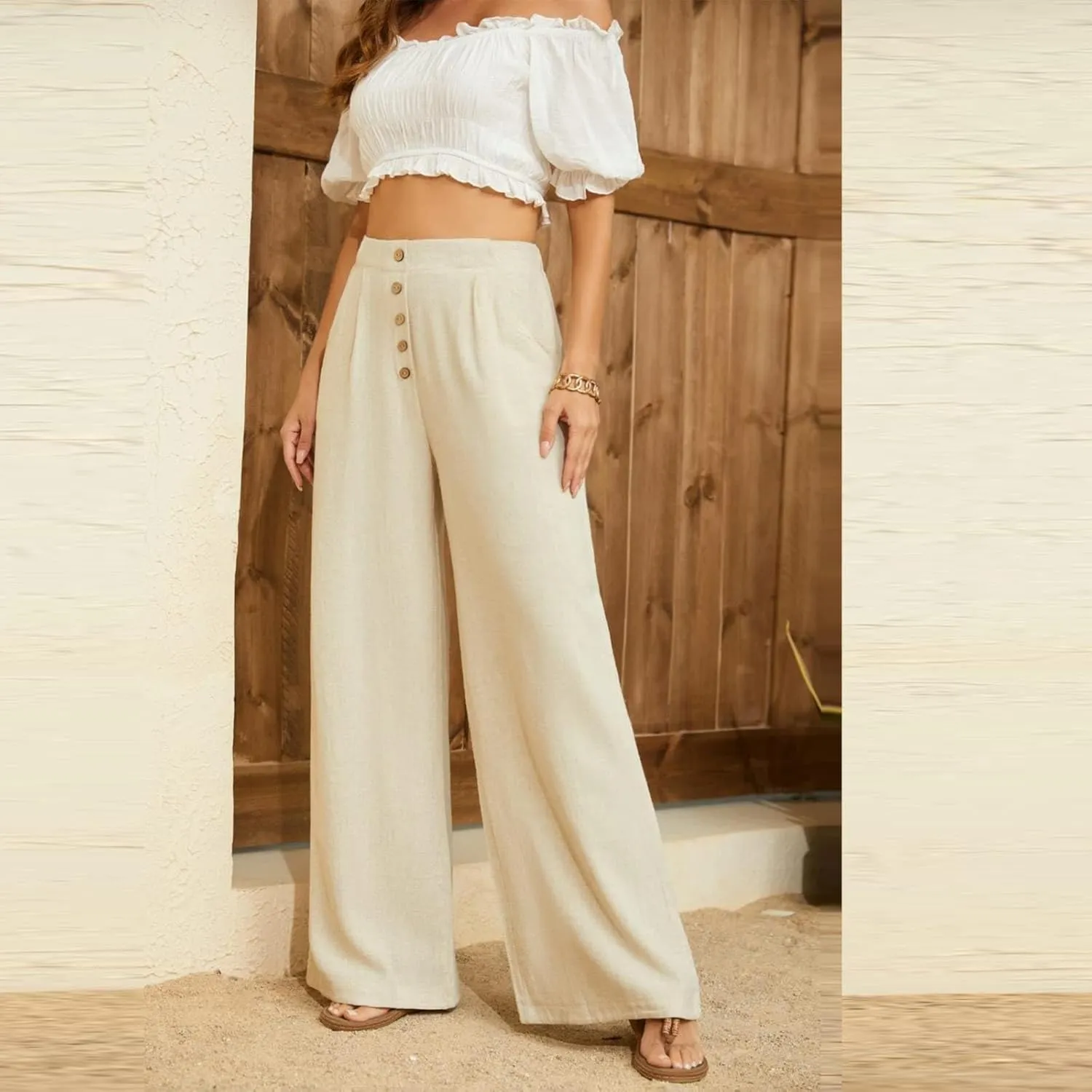 Boho Clothes for Women Buckle Pants with Elegant Pockets and Casual Wide Leg Fashion Plus Size Linen Pants for Women
