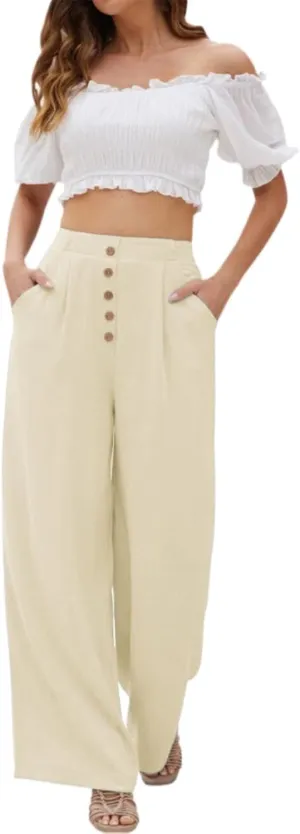 Boho Clothes for Women Buckle Pants with Elegant Pockets and Casual Wide Leg Fashion Plus Size Linen Pants for Women