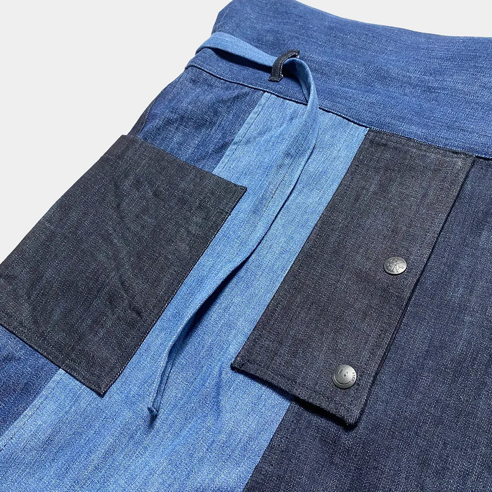 BZEN M.1063 SAWADEE-CB RELAX FIT UNISEX ANKLE LENGTH COLOR BLOCK THAI FISHERMEN 4 POCKET DENIM WRAP PANT-11OZ-E0 INDIGO