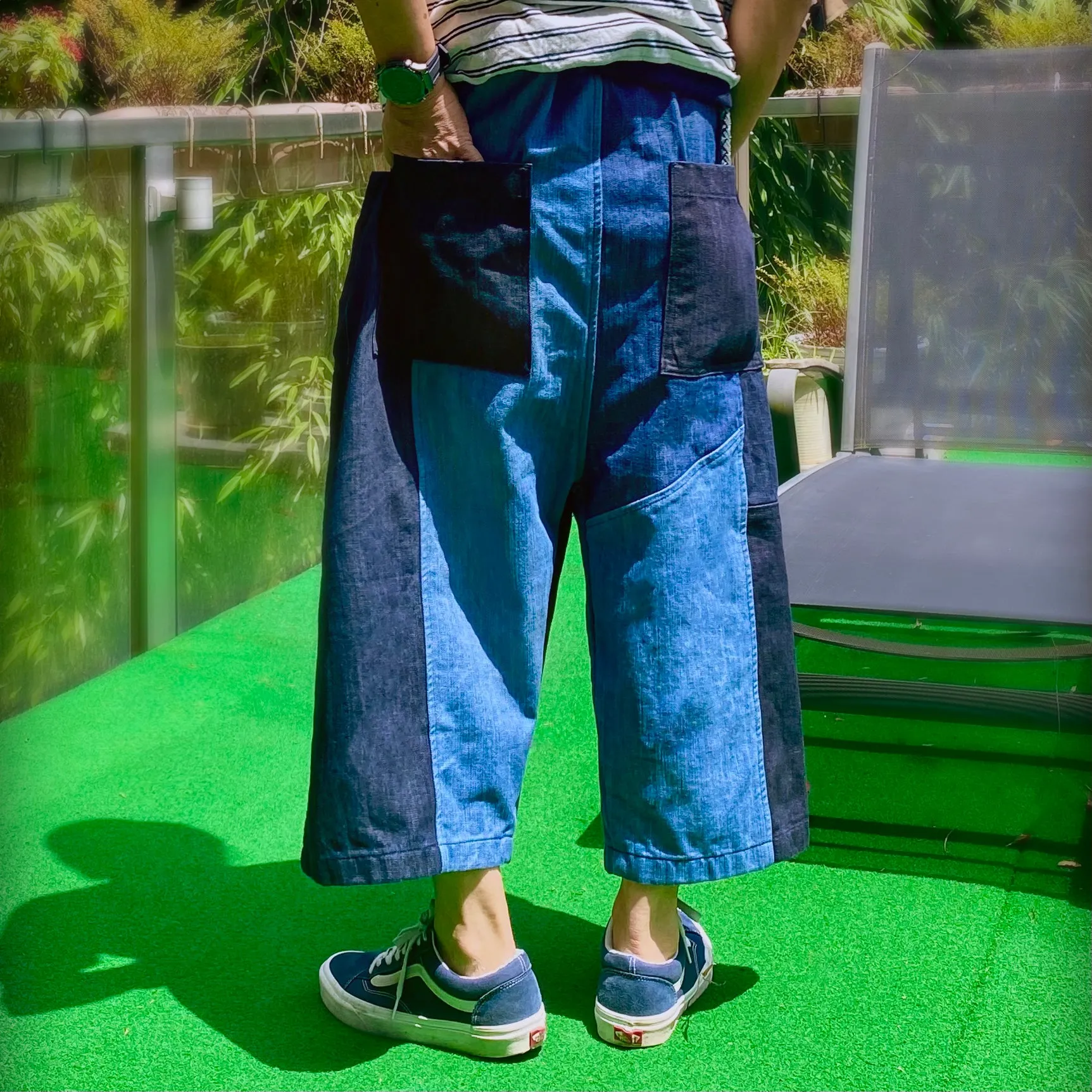 BZEN M.1063 SAWADEE-CB RELAX FIT UNISEX ANKLE LENGTH COLOR BLOCK THAI FISHERMEN 4 POCKET DENIM WRAP PANT-11OZ-E0 INDIGO