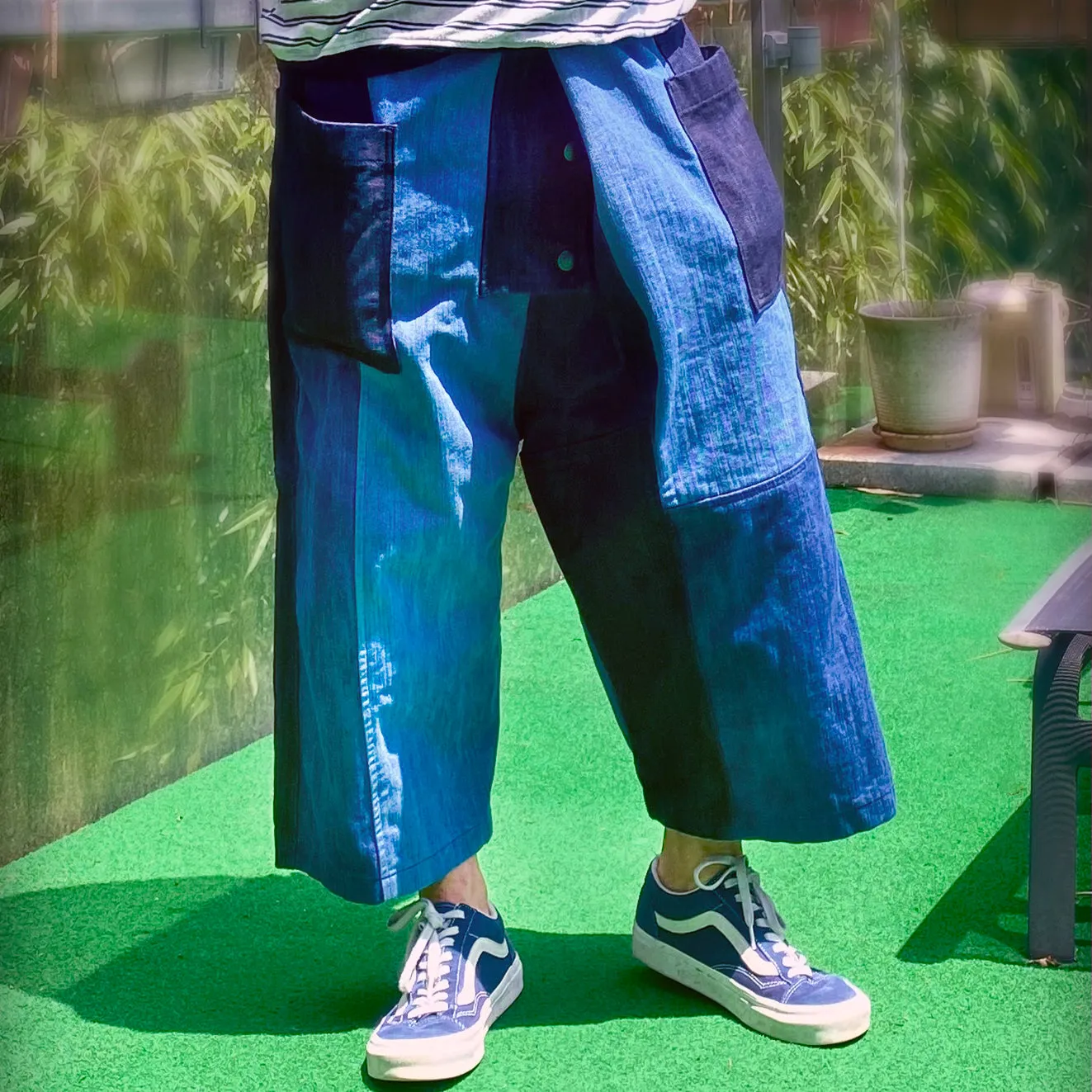 BZEN M.1063 SAWADEE-CB RELAX FIT UNISEX ANKLE LENGTH COLOR BLOCK THAI FISHERMEN 4 POCKET DENIM WRAP PANT-11OZ-E0 INDIGO