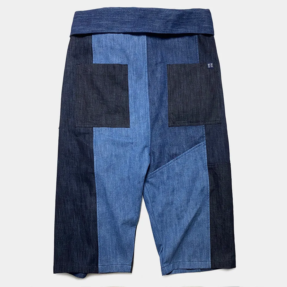 BZEN M.1063 SAWADEE-CB RELAX FIT UNISEX ANKLE LENGTH COLOR BLOCK THAI FISHERMEN 4 POCKET DENIM WRAP PANT-11OZ-E0 INDIGO