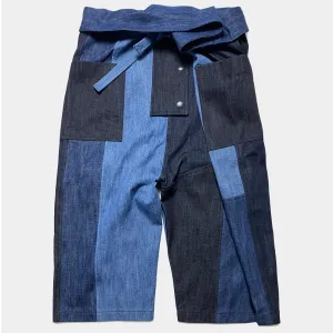 BZEN M.1063 SAWADEE-CB RELAX FIT UNISEX ANKLE LENGTH COLOR BLOCK THAI FISHERMEN 4 POCKET DENIM WRAP PANT-11OZ-E0 INDIGO