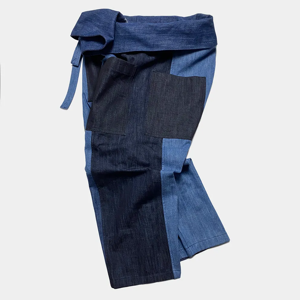 BZEN M.1063 SAWADEE-CB RELAX FIT UNISEX ANKLE LENGTH COLOR BLOCK THAI FISHERMEN 4 POCKET DENIM WRAP PANT-11OZ-E0 INDIGO