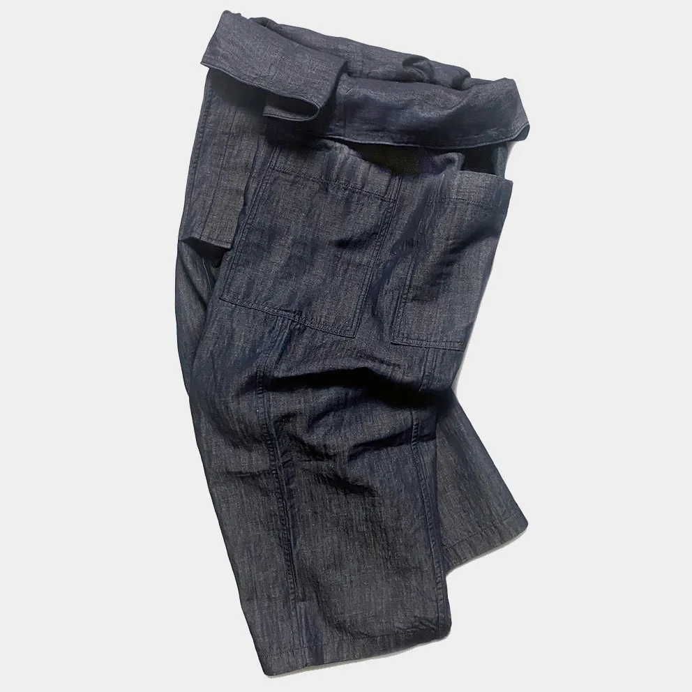 BZEN M.1063 SAWADEE-CL RELAX FIT UNISEX ANKLE LENGTH COTTON LINEN THAI FISHERMEN 4 POCKET DENIM WRAP PANT-7OZ-E0 INDIGO